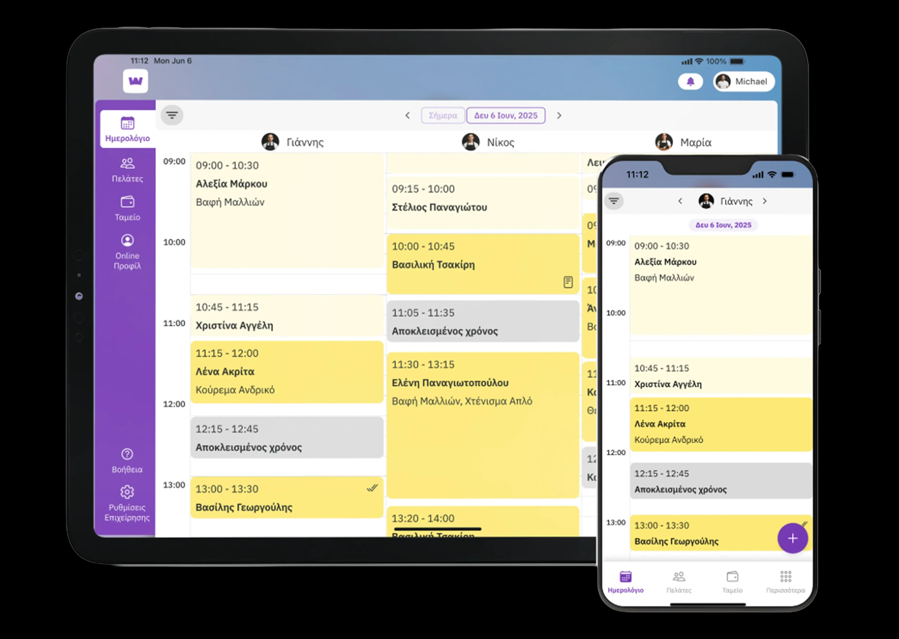 Welby calendar on a tablet and phone, showing hair salon appointments