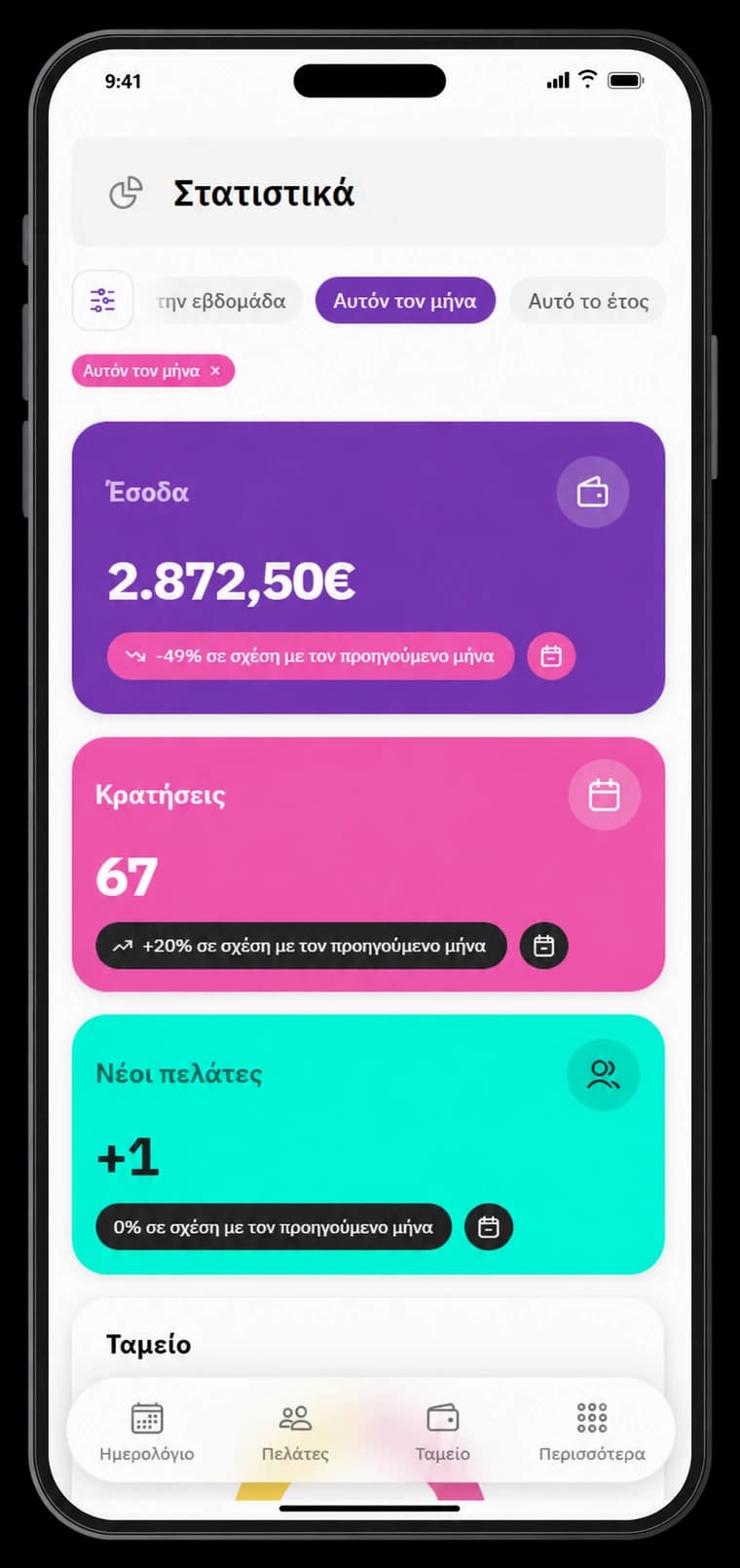 Welby mobile statistics screen showing revenue, bookings, and new clients
