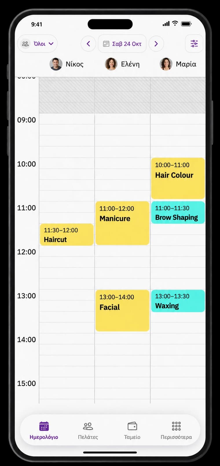Welby mobile calendar showing beauty service appointments by team member