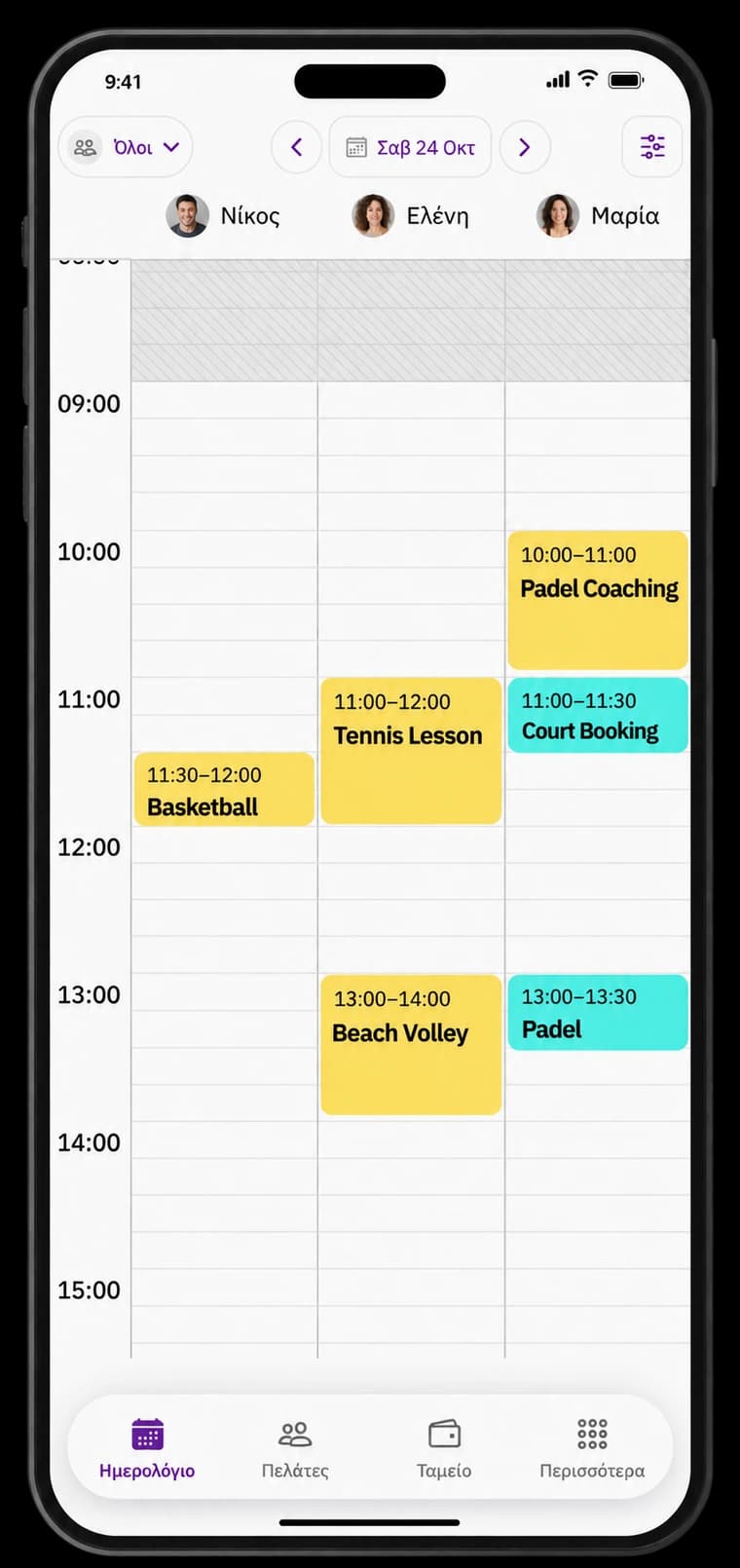 Welby mobile calendar showing court bookings and padel, tennis, basketball and beach volleyball coaching