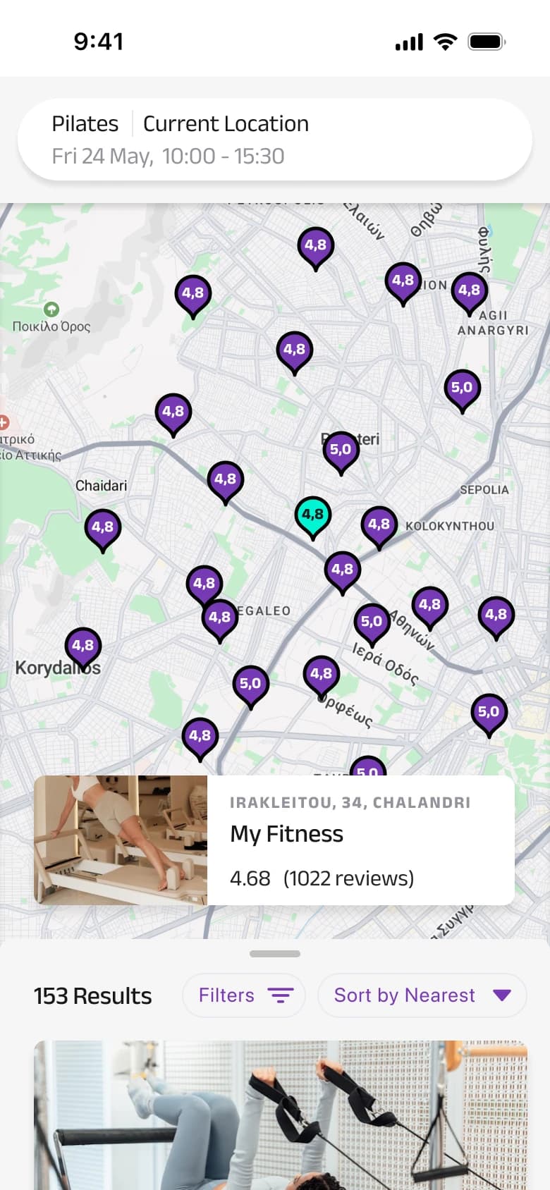 The Welby mobile app showing a Pilates business map, location pins, and search results