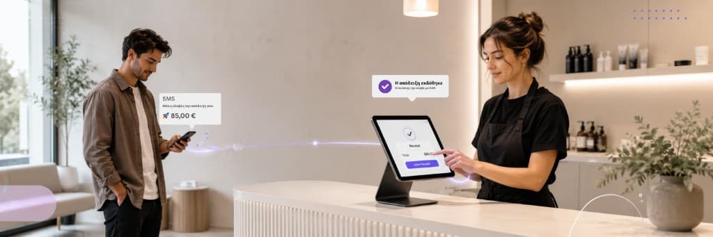 A payment on a hair salon reception tablet and an SMS receipt sent to the client