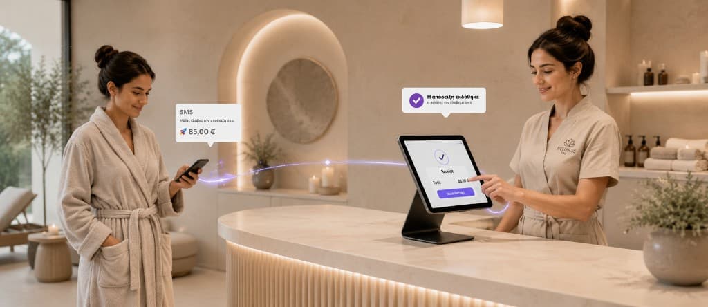 At a spa reception, a tablet payment is linked to an SMS receipt sent to the client